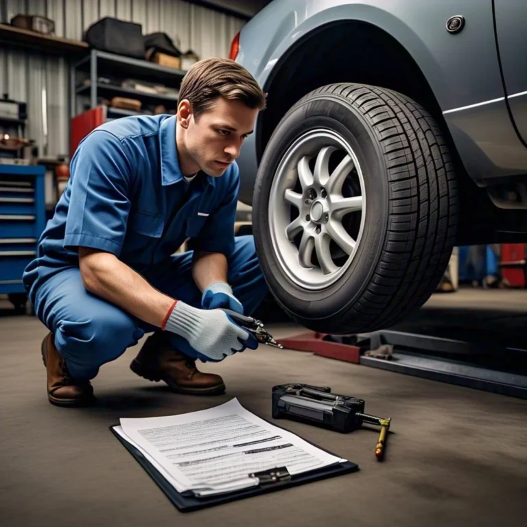 03_Technician inspecting car tires for safety during regular servicing